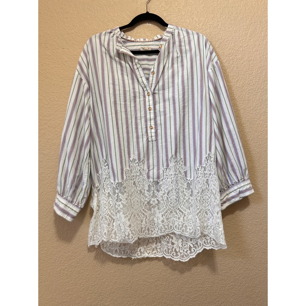 Pilcro Large Striped Lace Hem Henley Tunic Multicolor Boho Cottagecore Top